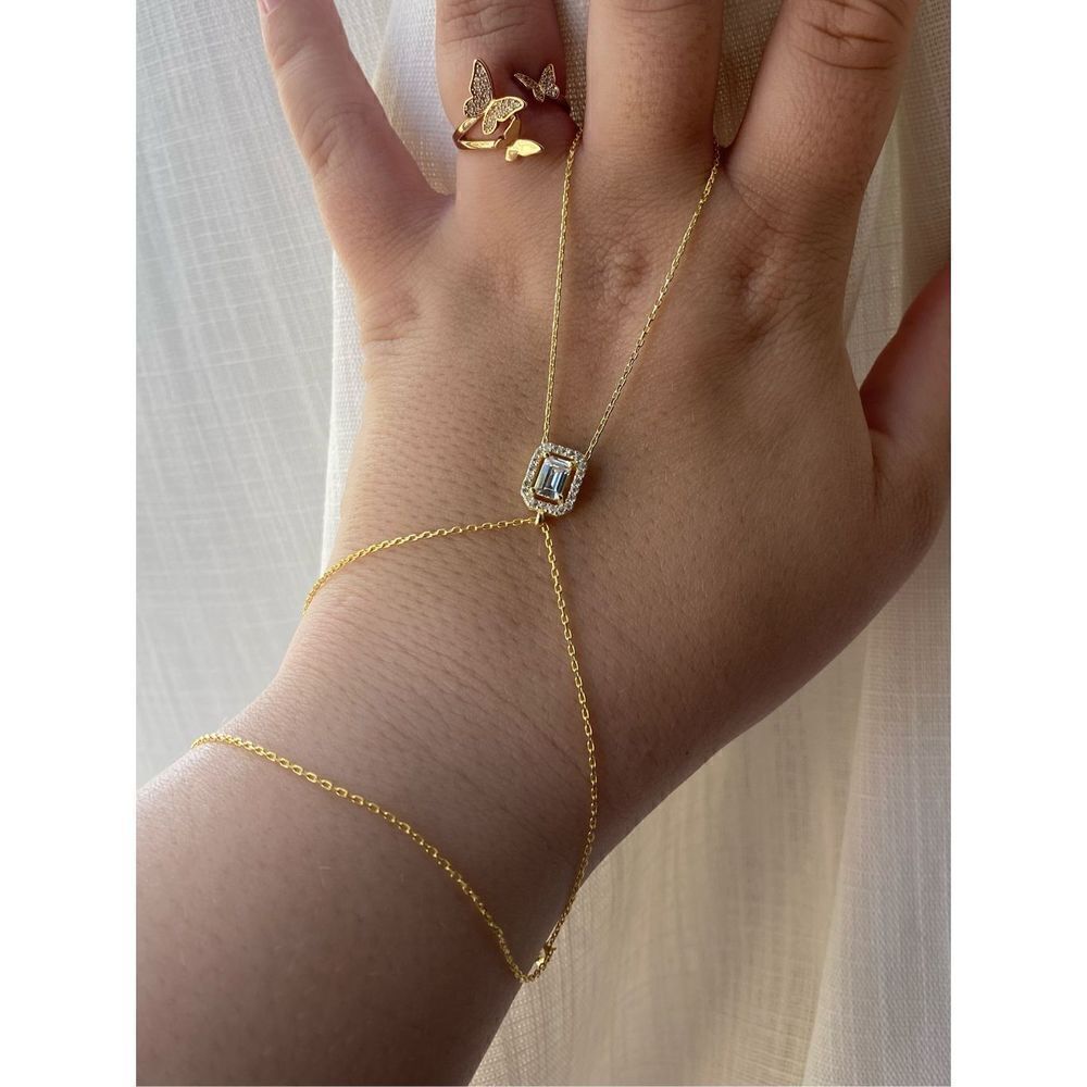 Cubic zirconia Emerald cut gold finger chain bracelet